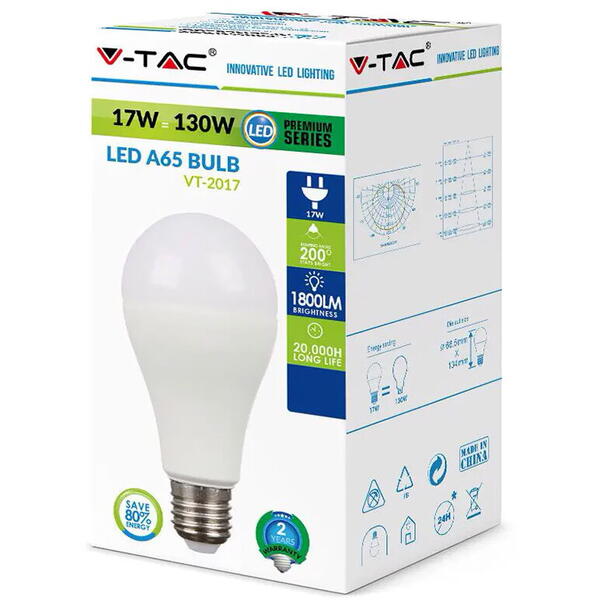 V-TAC Bec led A65 E27 17w lumina calda sku-4456