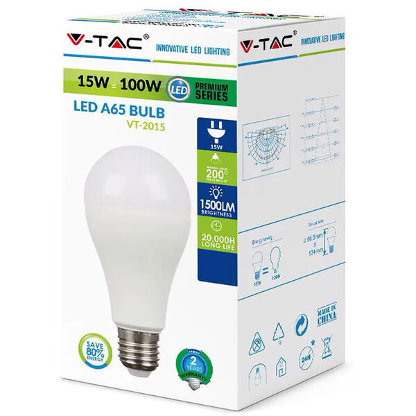 V-TAC Bec led A65 E27 15w lumina calda sku-4453