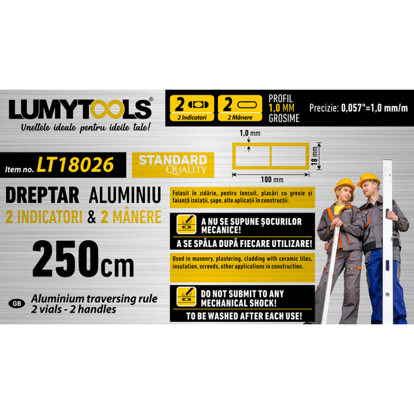 Dreptar aluminiu 2 manere 2indicatori 250cm LT18026 Lumy