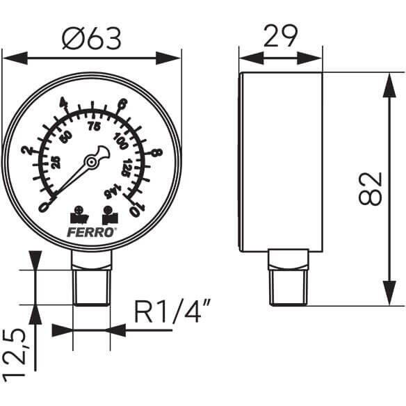 MANOMETRU 63mmx1/4 0/10 BAR M6310R F Ferro