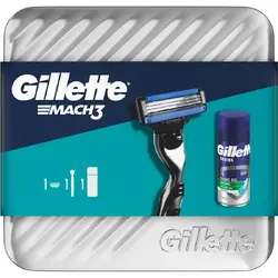 Set cadou Gillette mach3: aparat de ras + gel de ras cu efect calmant 75 ml + cutie reutilizabila