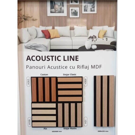 Profiline Panou acustic cu riflaj mdf 600x600x21 mm pin