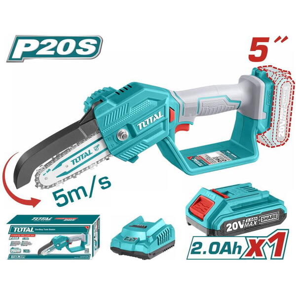 Mini drujba cu lant pe acumulator  20 v lama 13 cm viteza lant 5 m/s motor fara perii (include incarcator si acumulator 20 v 2.0 ah) TGSLI20581 Total