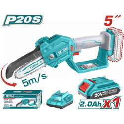 Mini drujba cu lant pe acumulator  20 v lama 13 cm viteza lant 5 m/s motor fara perii (include incarcator si acumulator 20 v 2.0 ah) TGSLI20581 Total