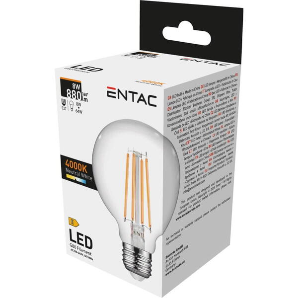 Bec led filament e27 8w g80 nw 4000k entac elfg80nw-8w